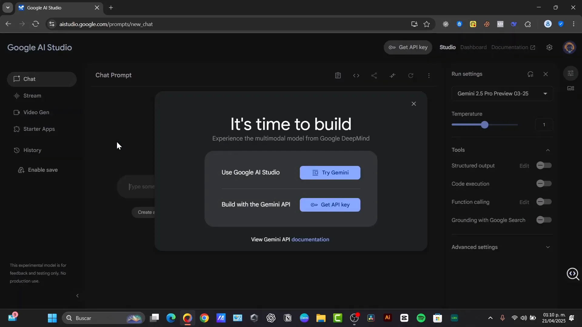 Welcome screen of Google AI Studio interface