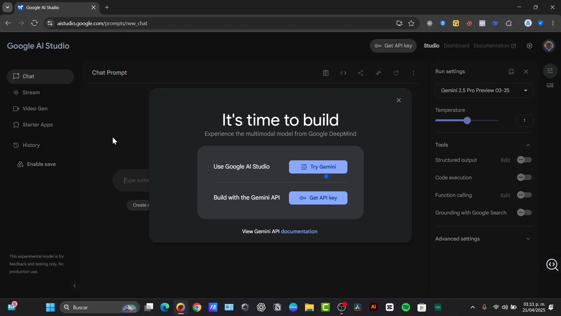 Model selection dropdown in Google AI Studio