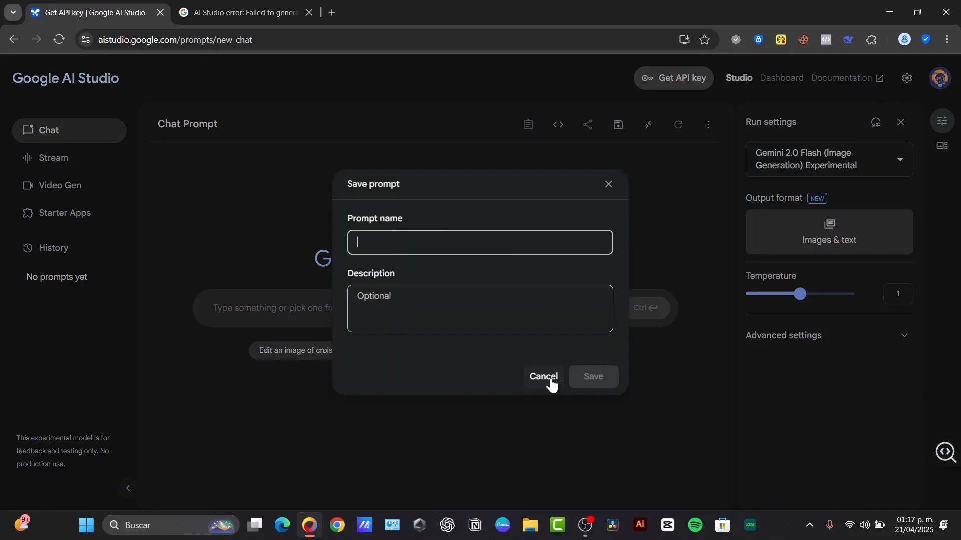 Saving prompts and sharing options in Google AI Studio