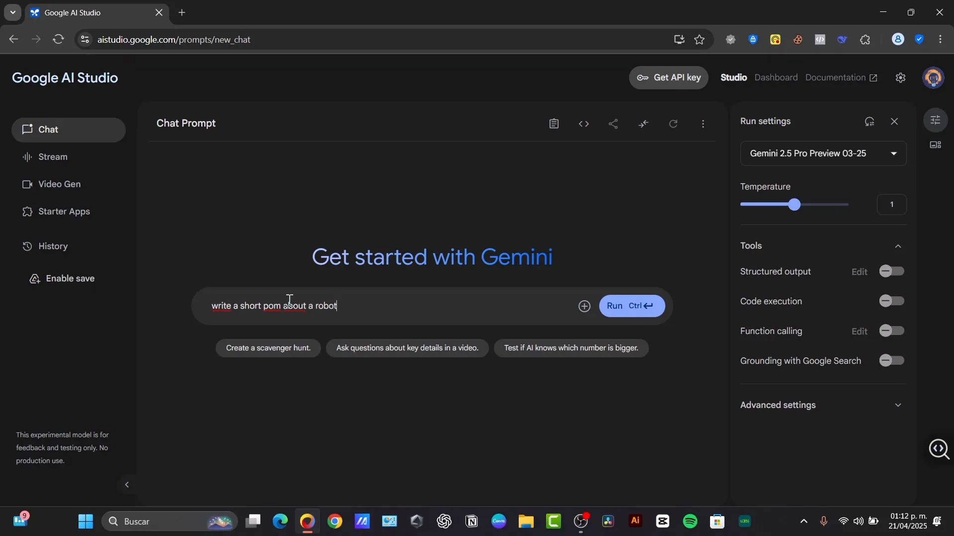 Example of text generation output in Google AI Studio