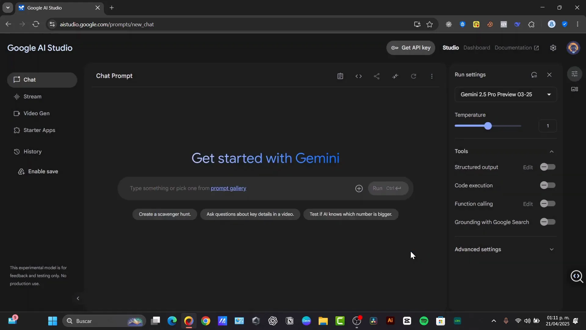 Google AI Studio interface showing parameters like temperature and max tokens